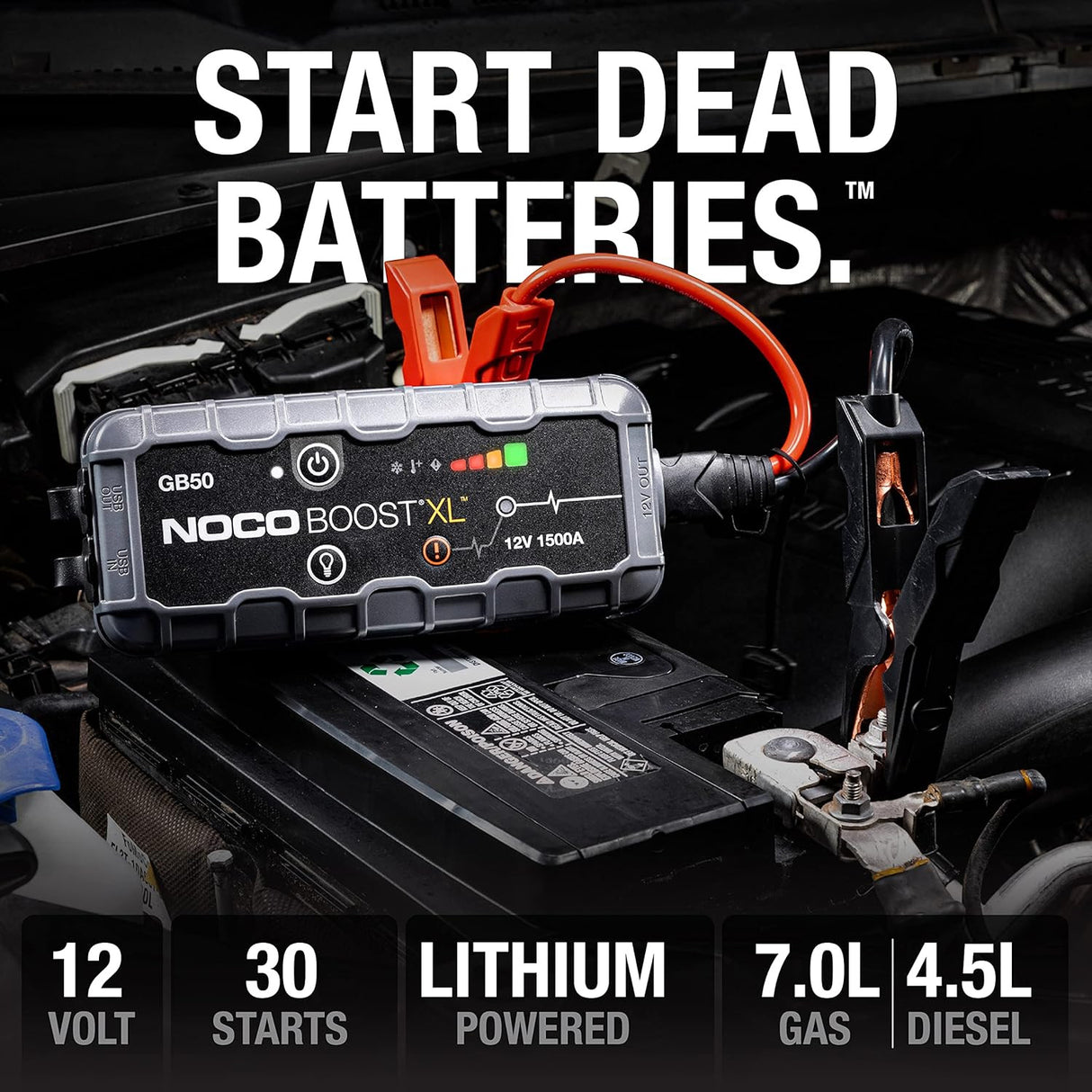 NOCO Boost XL GB50 1500A 12V UltraSafe Portable Lithium Car Jump Starter, Heavy-Duty Battery Booster Power Pack, Powerbank Charger, and Jump Leads for up to 7.0L Petrol and 4.5L Diesel Engines