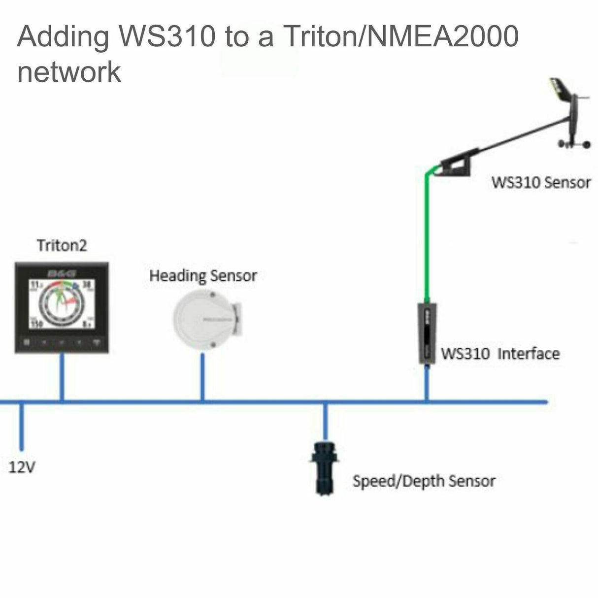 B&G WS310 Wired Wind Sensor Pack with 20m (65 ft) Cable and N2K Interface