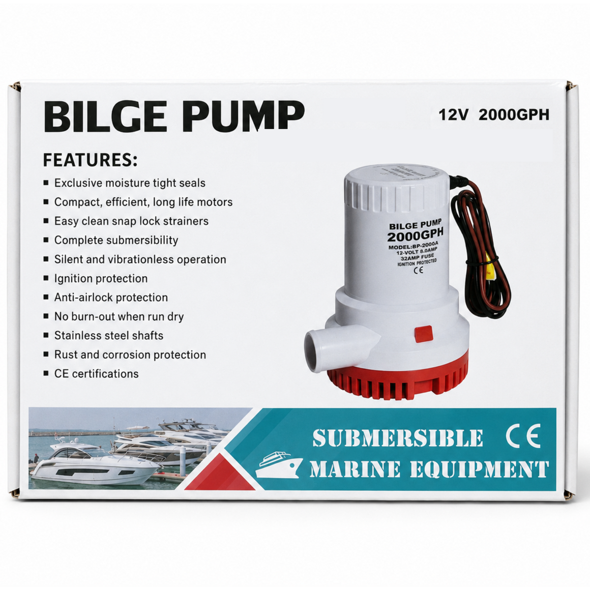 Acquaflo 12V 2000GPH Bilge Pump Non Automatic 1-1/8" Dia. for Boat Marine Yacht
