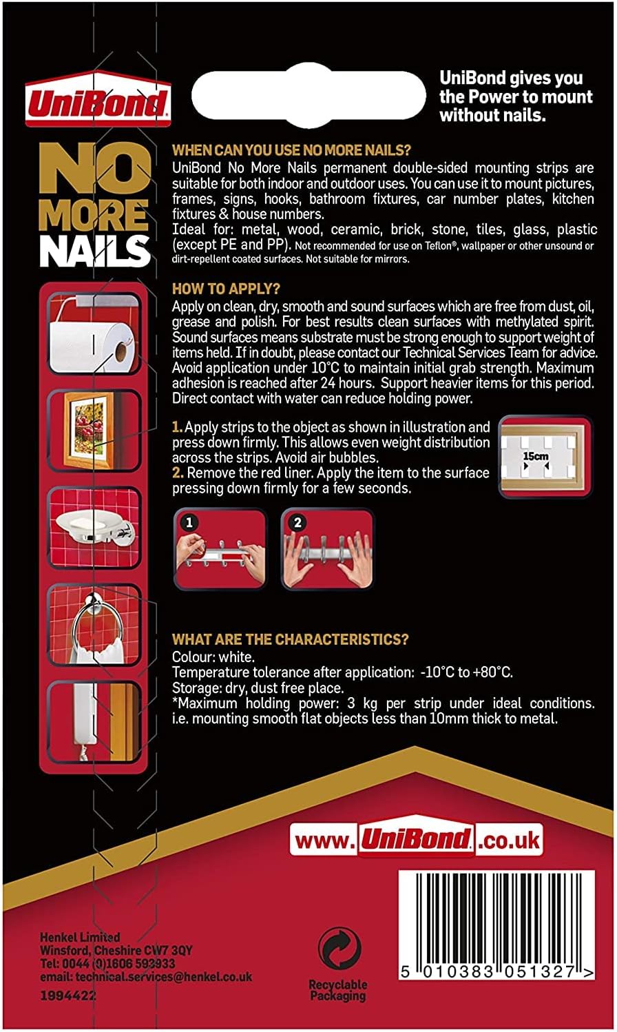UniBond No More Nails Permanent Strips Double Sided Mounting Tape - 10 Pack White - PROTEUS MARINE STORE