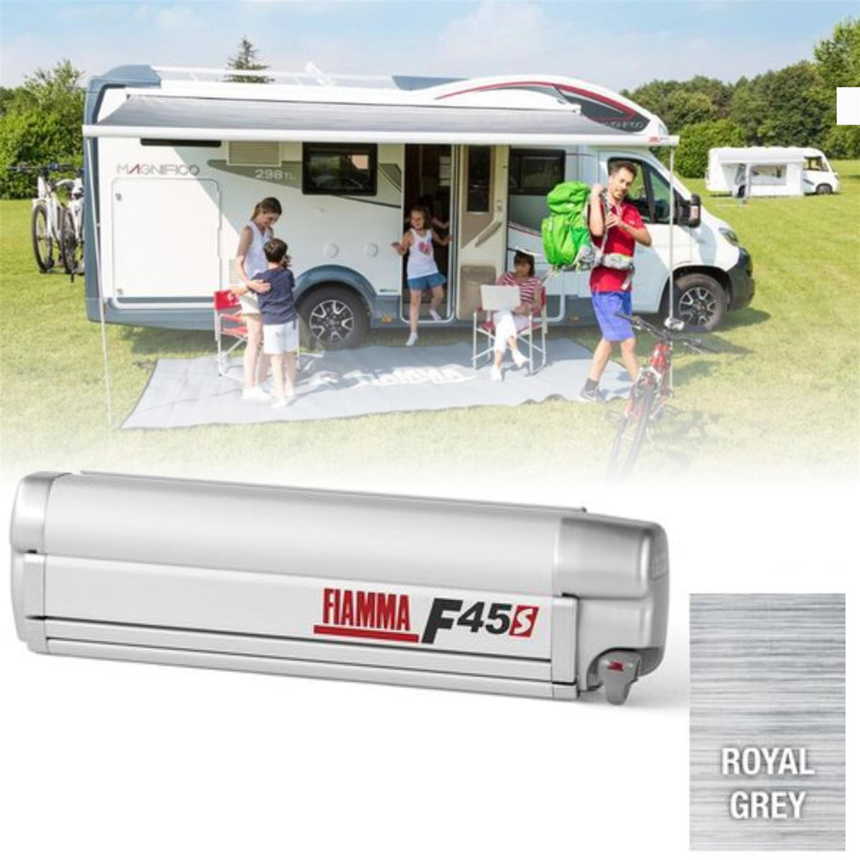 Fiamma F45S 425cm Awning Roll Out Sun Polar White Case, Royal Grey Fabric