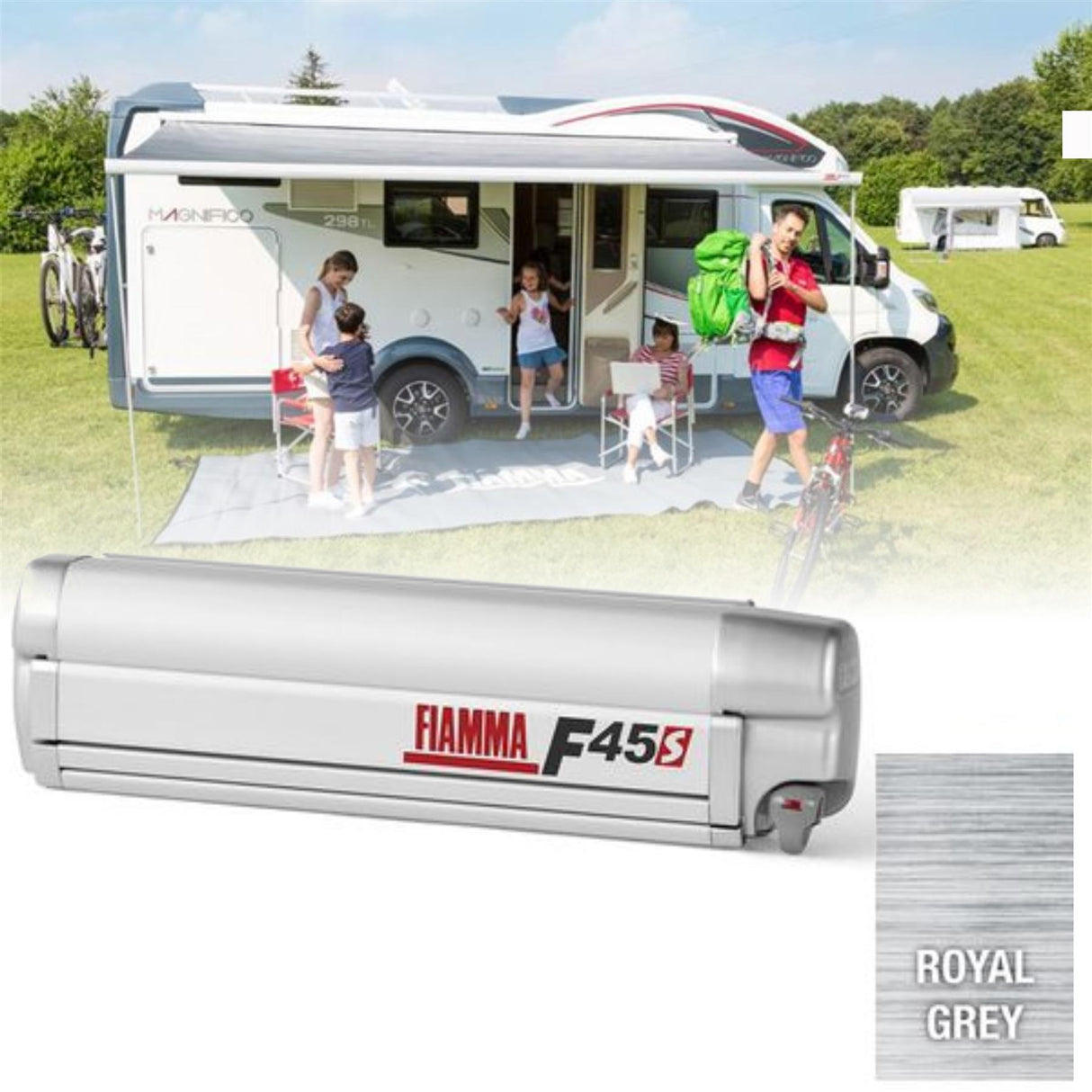 Fiamma F45S 425cm Awning Roll Out Sun Titanium Case, Royal Grey Fabric