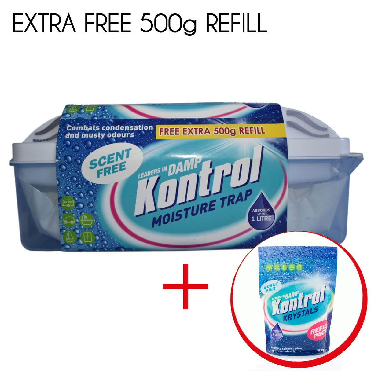 Kontrol Streamline Moisture Absorber Trap Dehumidifier 1L + Extra 500g Refill, Scent-free