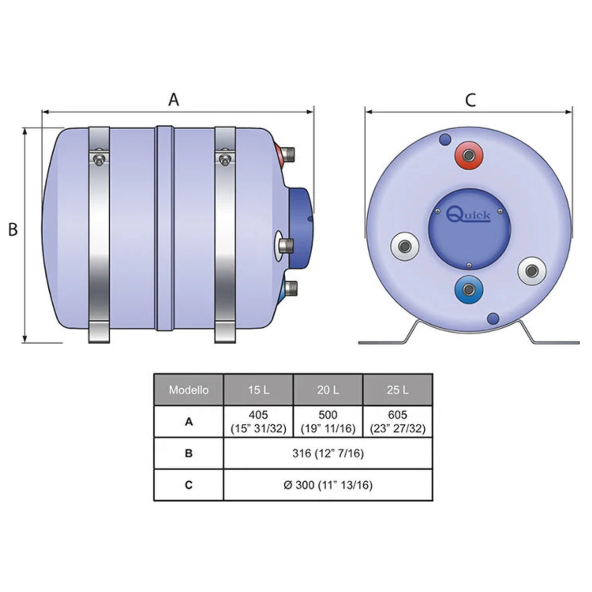 Quick Cylinder Vertical / Horizontal Calorifier 15L / 500W Nautic Boiler B3