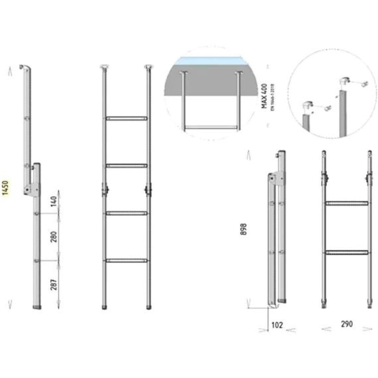CTA Folding Aluminium Bunk Ladder Max 145cm Extended Caravan Campervan Motorhome