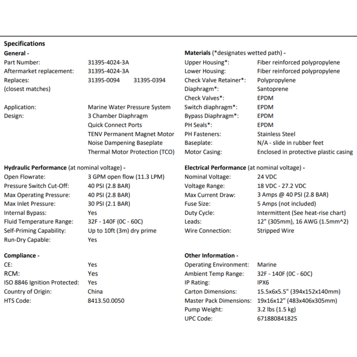 Jabsco Par Max 3 Pressure Fresh Water Pump 24V / 40PSI/ 11LPM Campervan Caravan RV Boat