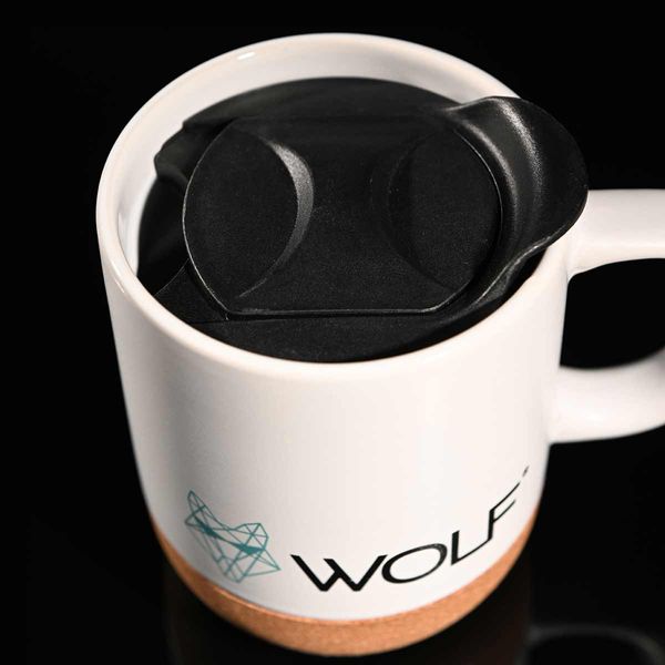 Wolf Outdoors Ceramic Mug with Lid and Cork Base White -  444ml, WFOD011