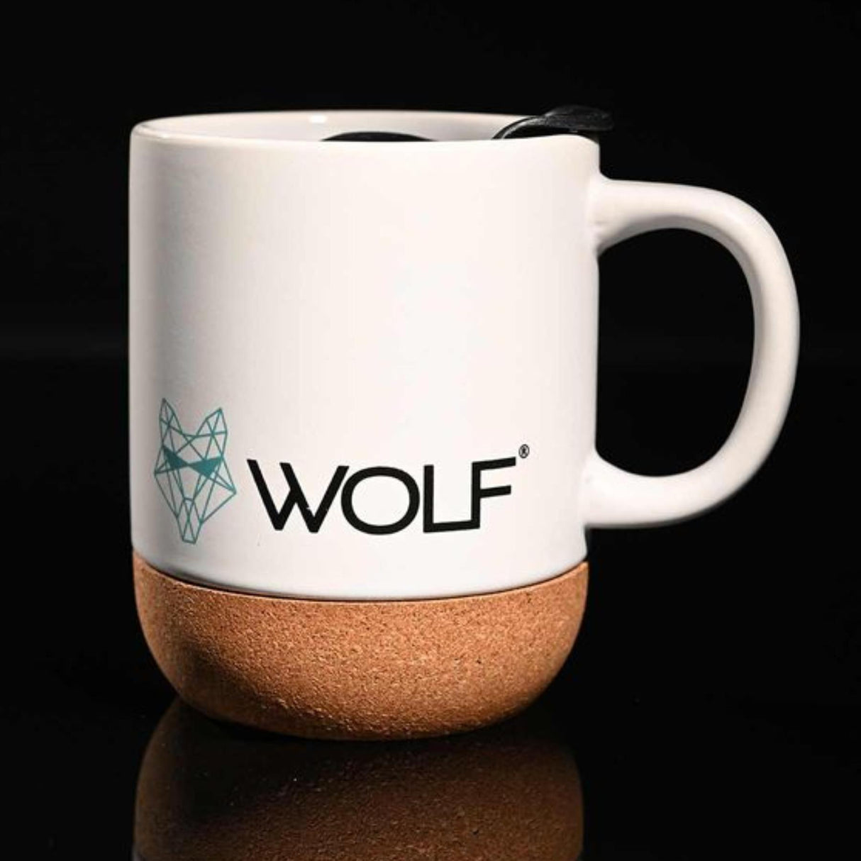 Wolf Outdoors Ceramic Mug with Lid and Cork Base White -  444ml, WFOD011