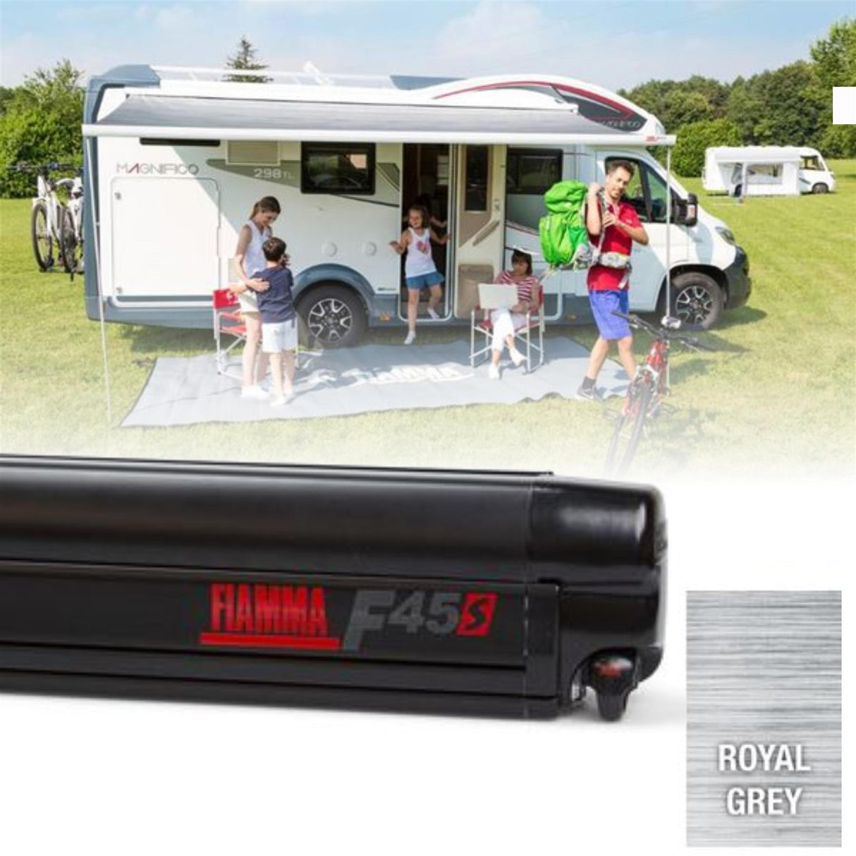Fiamma F45S 425cm Awning Roll Out Sun Deep Black Case, Royal Grey Fabric