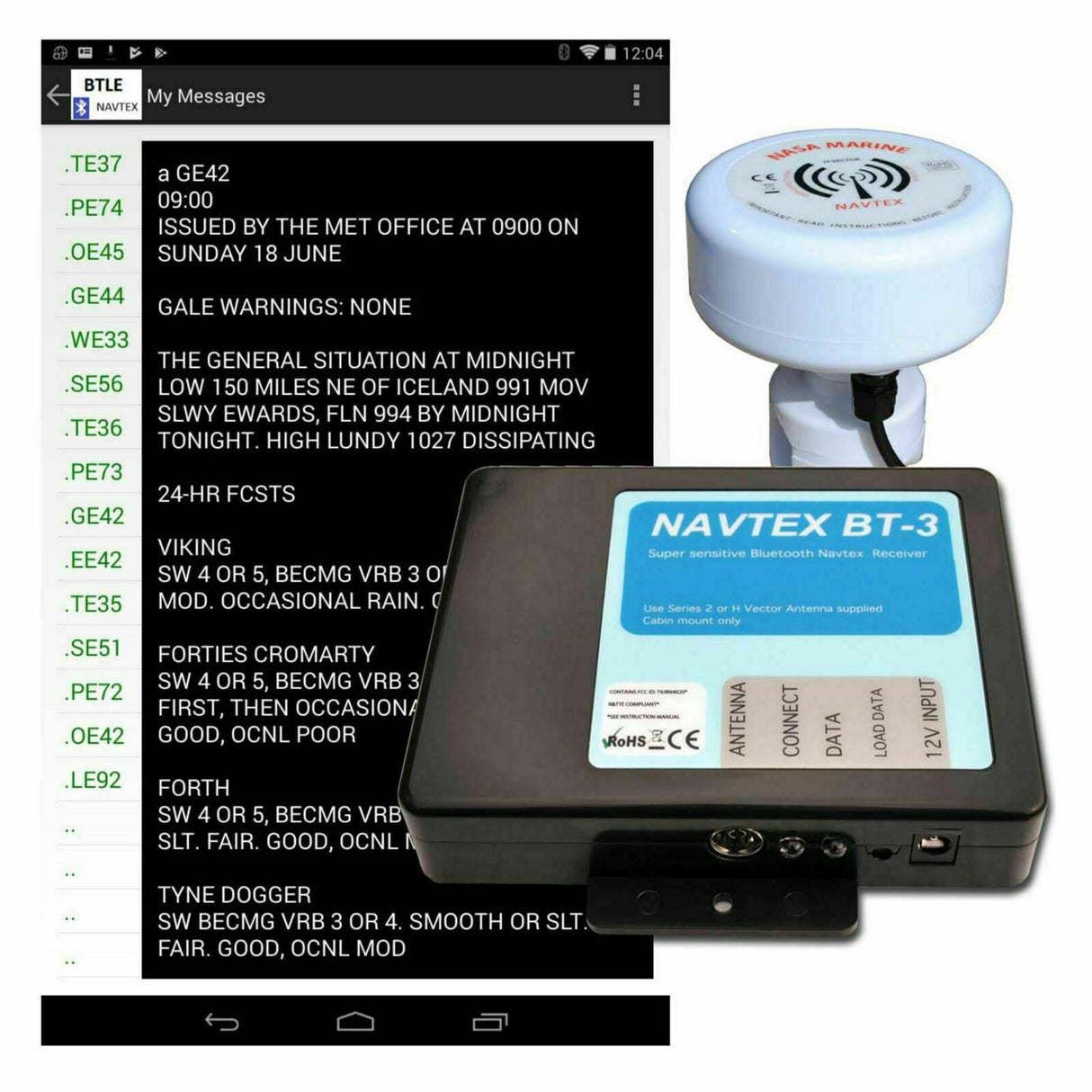 NASA Marine BT3 Bluetooth Navtex Receiver with H Vector Antenna & 7m Cable - 12v