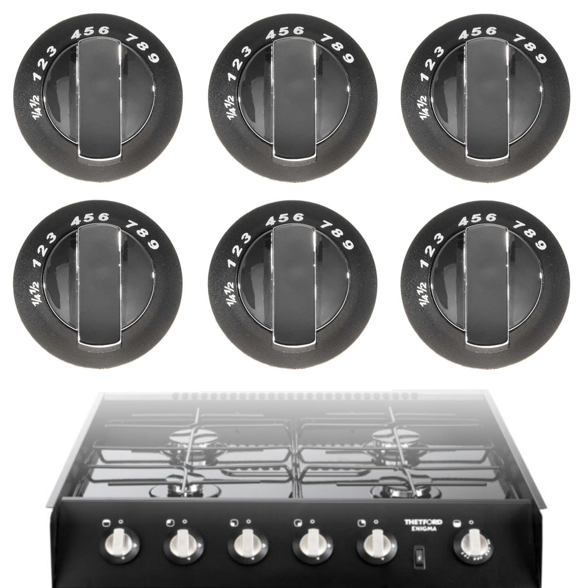 x6 Pack Spare Thetford Enigma Cookers Oven Control Knob Black/Chrome SPCC0595.CR