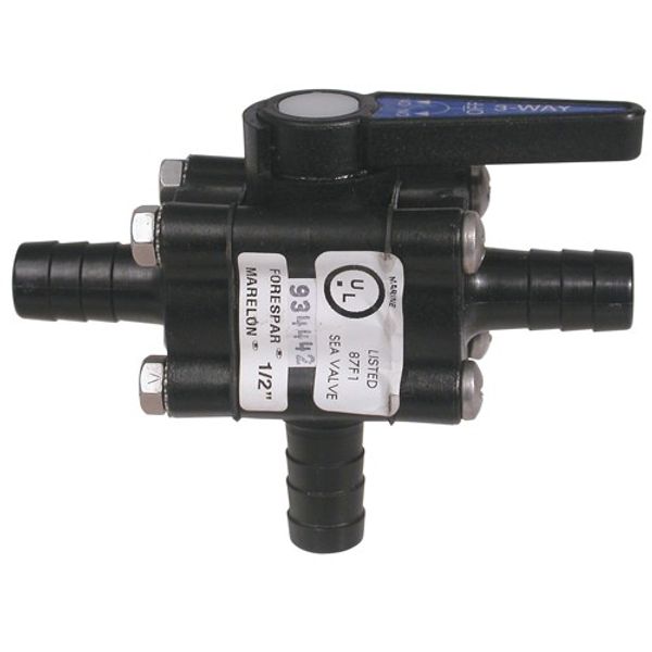 Forespar 3-Way Ball Valve 3/4" Hose Tail - PROTEUS MARINE STORE