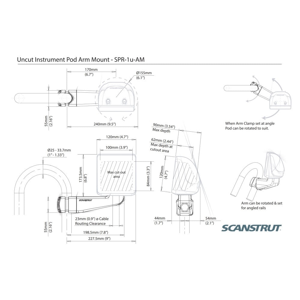 Scanstrut SPR-1u-AM Uncut Instrument Pod Arm Mount - PROTEUS MARINE STORE