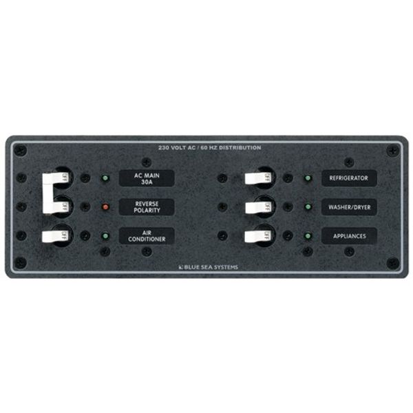 Blue Sea Panel 230V AC 6 Positive Horizontal with Main Breaker CE - PROTEUS MARINE STORE