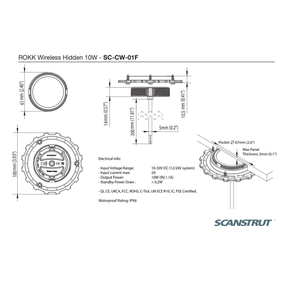 ROKK Wireless - Hidden 10W Waterproof Wireless Charger 12/24V - PROTEUS MARINE STORE