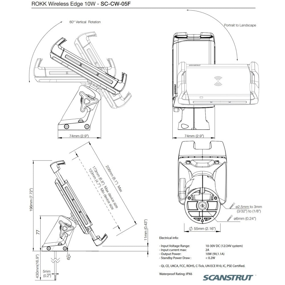 ROKK Wireless - Edge 10W Waterproof Adjustable Charging Mount 12/24V - PROTEUS MARINE STORE