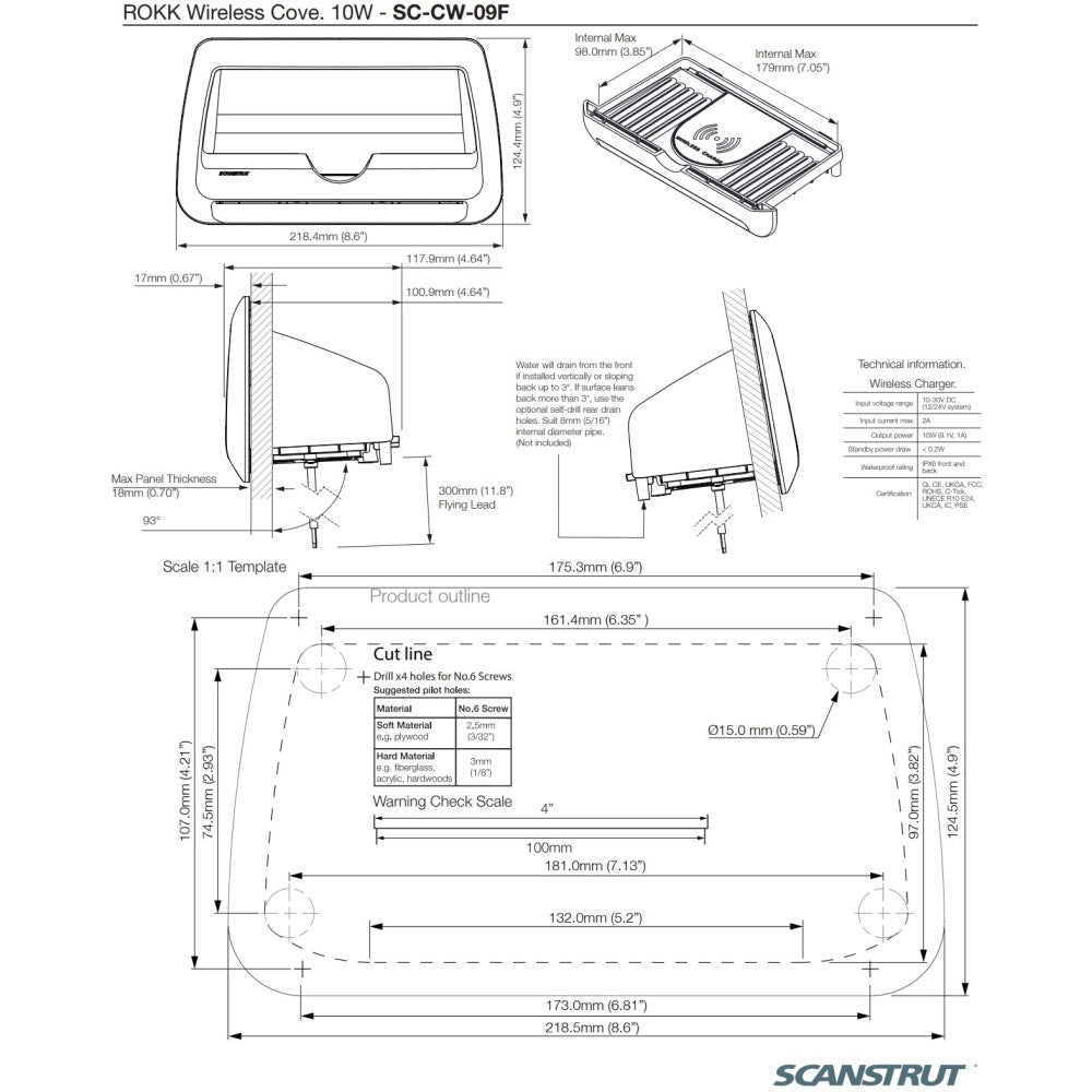 ROKK Wireless - Cove 10W Waterproof Phone Charging Pocket 12/24V - PROTEUS MARINE STORE