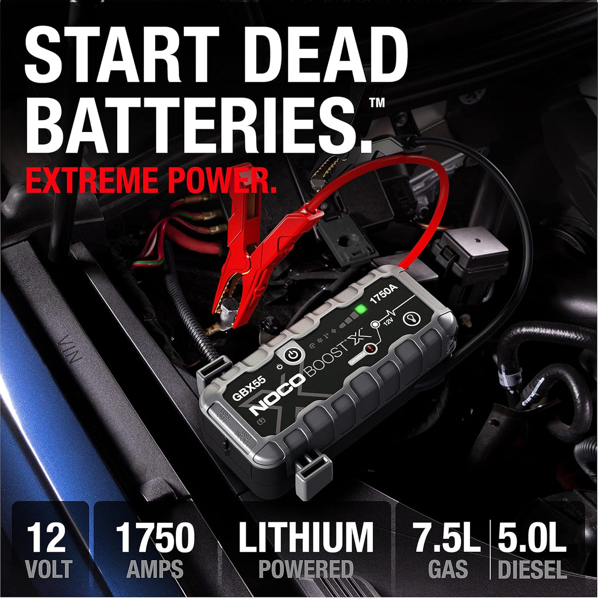 NOCO Boost X GBX55 12V UltraSafe Portable Lithium Car Jump Starter, Heavy-Duty Battery Booster Power Pack, Powerbank Charger and Jump Leads, Gray, 7.5L Petrol and 5.0L Diesel Engines, 1750A