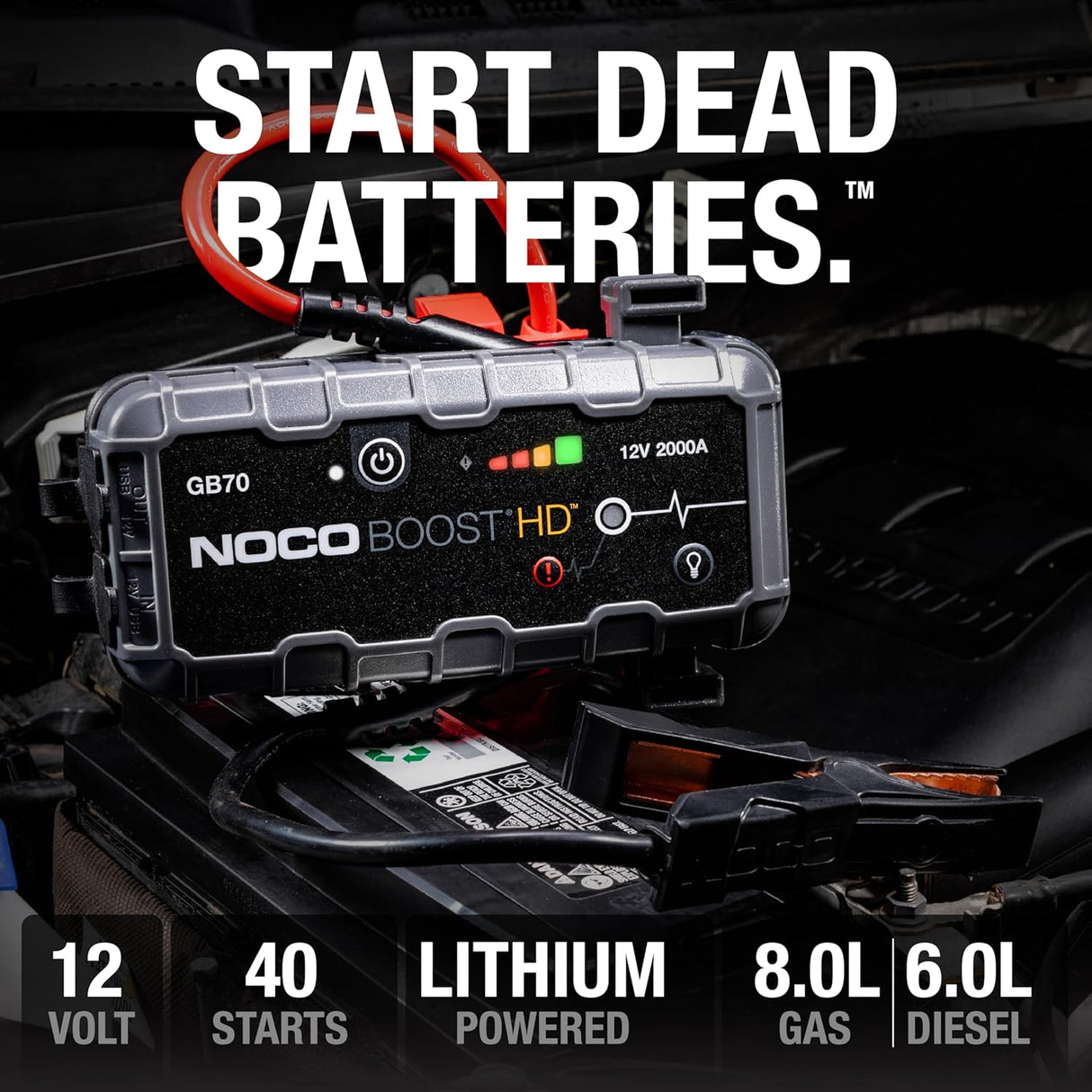 NOCO Boost HD GB70 2000A UltraSafe Car Jump Starter, Jump Starter Power Pack, 12V Battery Booster, Portable Powerbank Charger, and Jump Leads for up to 8.0-Liter Petrol and 6.0-Liter Diesel Engines