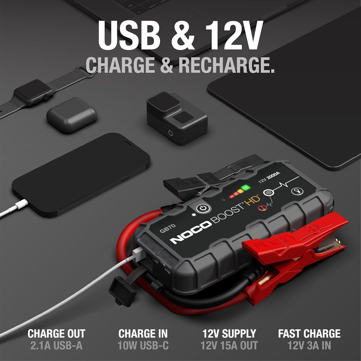NOCO Boost HD GB70 2000A UltraSafe Car Jump Starter, Jump Starter Power Pack, 12V Battery Booster, Portable Powerbank Charger, and Jump Leads for up to 8.0-Liter Petrol and 6.0-Liter Diesel Engines