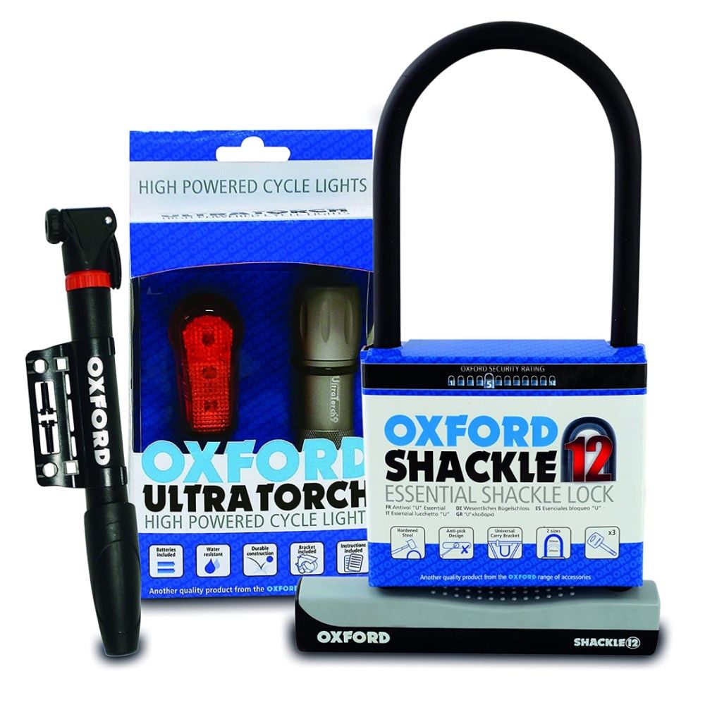 Oxford Cycling Accessory Bundle - Shackle Lock, Lighting and Pump - PROTEUS MARINE STORE