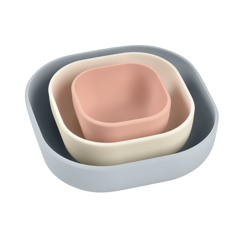 Béaba Set of 3 Silicone Bowls (Velvet grey/Cotton/Dusty rose)