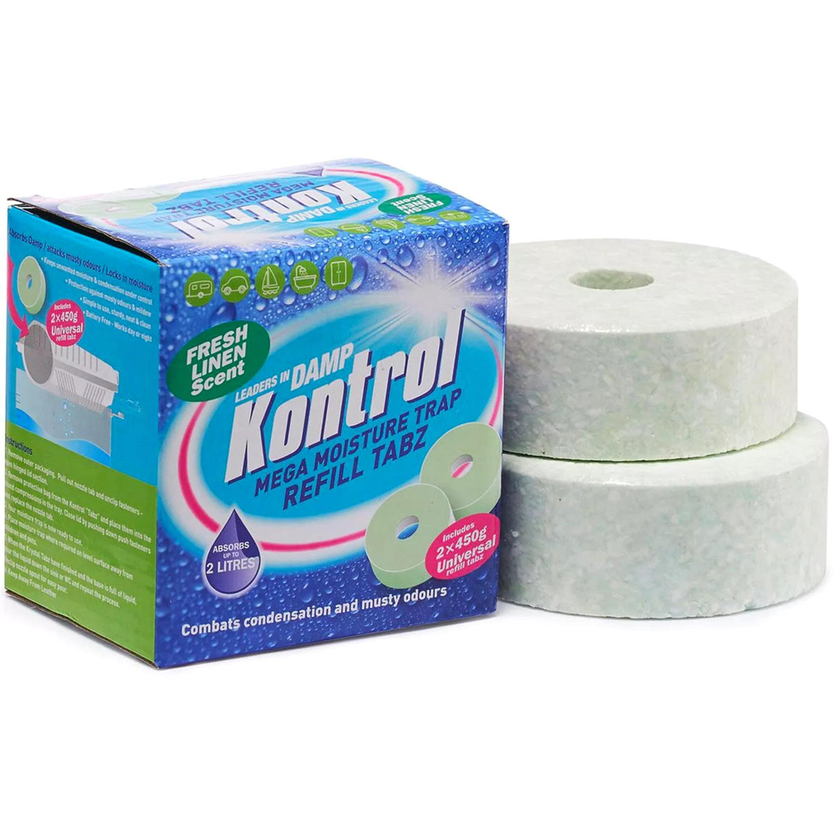 Kontrol Mega Moisture Trap Refill Tabz 2 x 450g Tabs Fresh Linen Scent 2 Litre Capacity