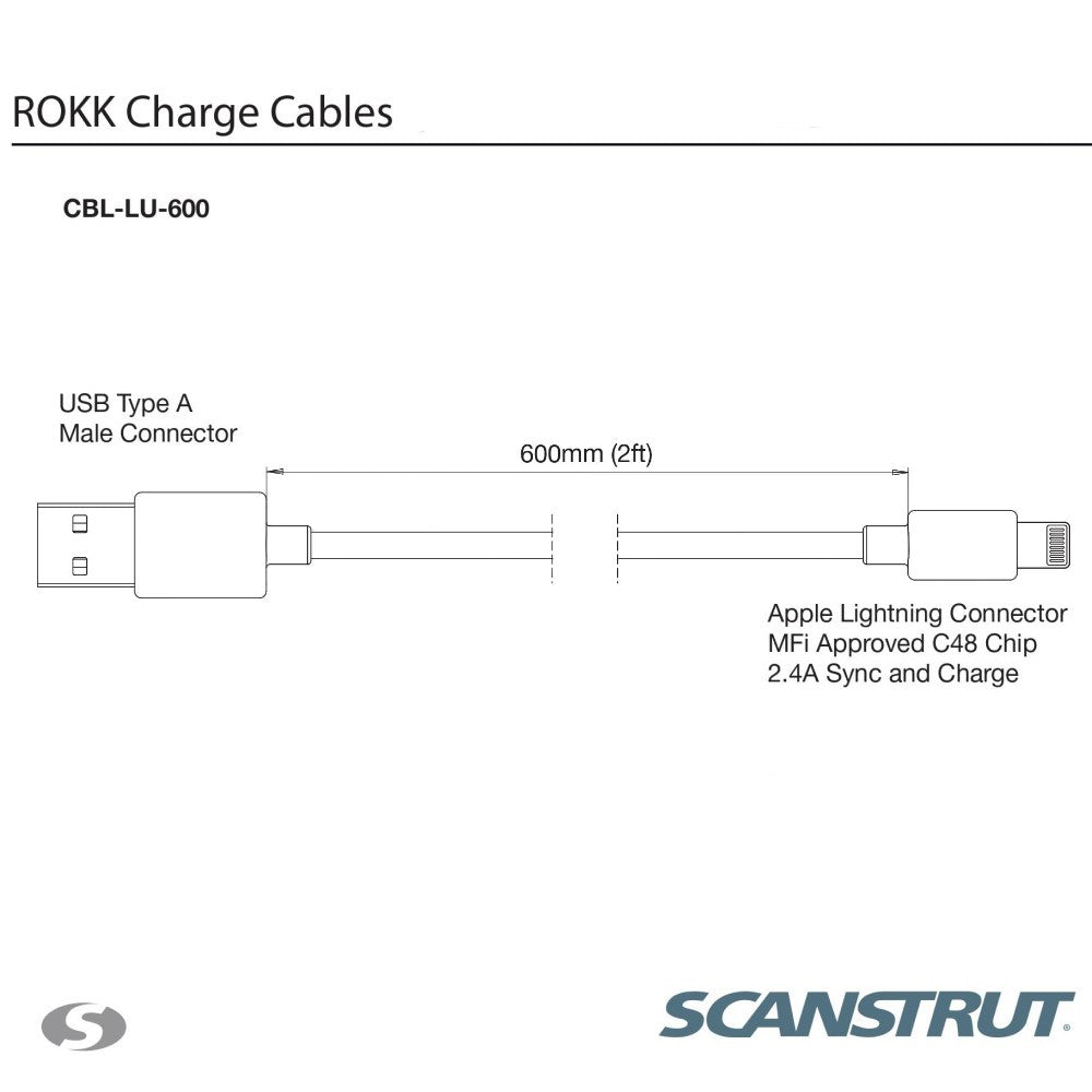 Rokk CBL-LU-600 USB to Apple Lightning Charge & Sync Cable - 0.6m - PROTEUS MARINE STORE