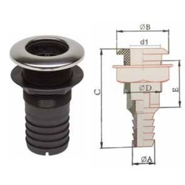 Can Plastic Skin Fitting with SS Cover 1-1/2" Hose - PROTEUS MARINE STORE