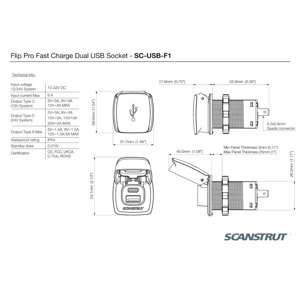 Scanstrut Flip Pro Fast Charge Dual USB Socket (Rear Fit) - PROTEUS MARINE STORE