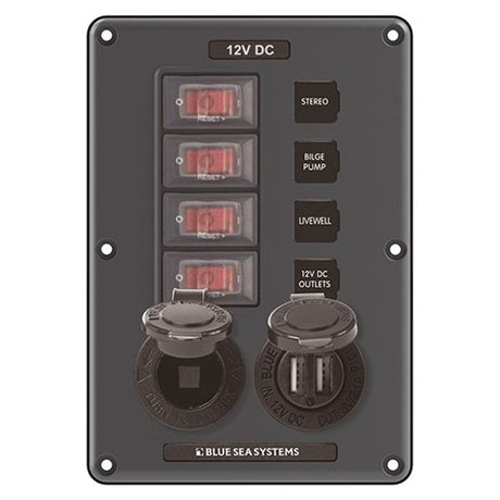 Blue Sea IP66 CB Switch Panel 4 Position, 12V Socket & Dual USB Grey - PROTEUS MARINE STORE