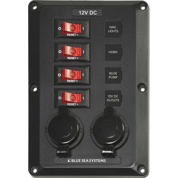 Blue Sea Panel Below Deck 12V DC CB 4-Position 2 12V Plugs (Unpacked) - PROTEUS MARINE STORE