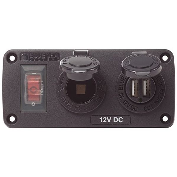 Blue Sea Accessory Panel 15A CB+ USB Socket + 12V Socket - PROTEUS MARINE STORE