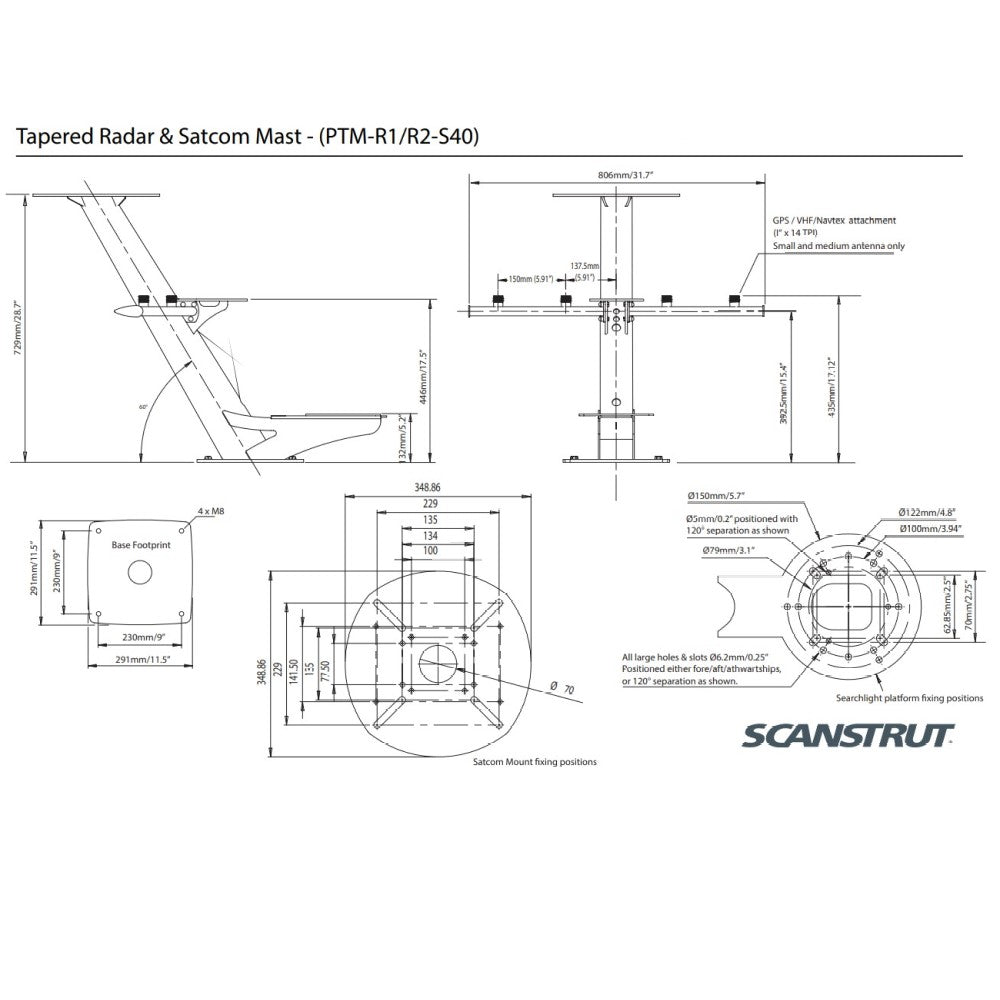 Scanstrut PTM-R1-S40 Tapered Combination Radar & Satcom Mast - PROTEUS MARINE STORE