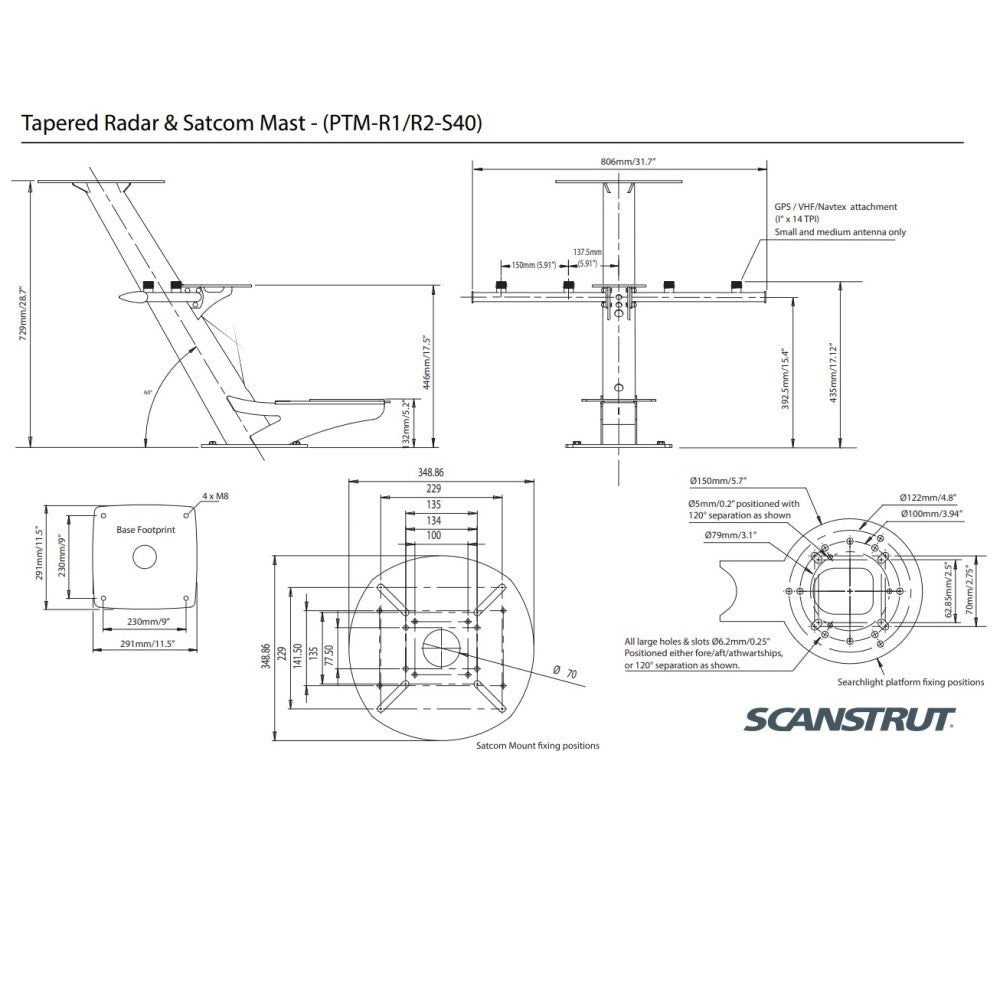 Scanstrut PTM-R2-S40 Tapered Combination Radar & Satcom Mast - PROTEUS MARINE STORE