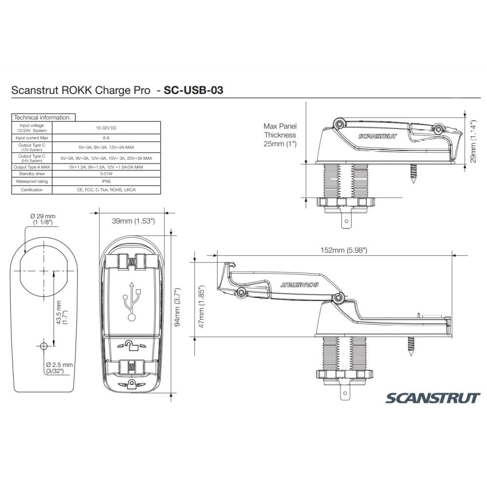 Scanstrut SC-USB-03 Charge Pro - USB A & C Fast Charge Socket - PROTEUS MARINE STORE